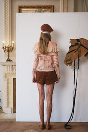 Coral Pink Wavy Lace Off-Shoulder Knit with Floral Print