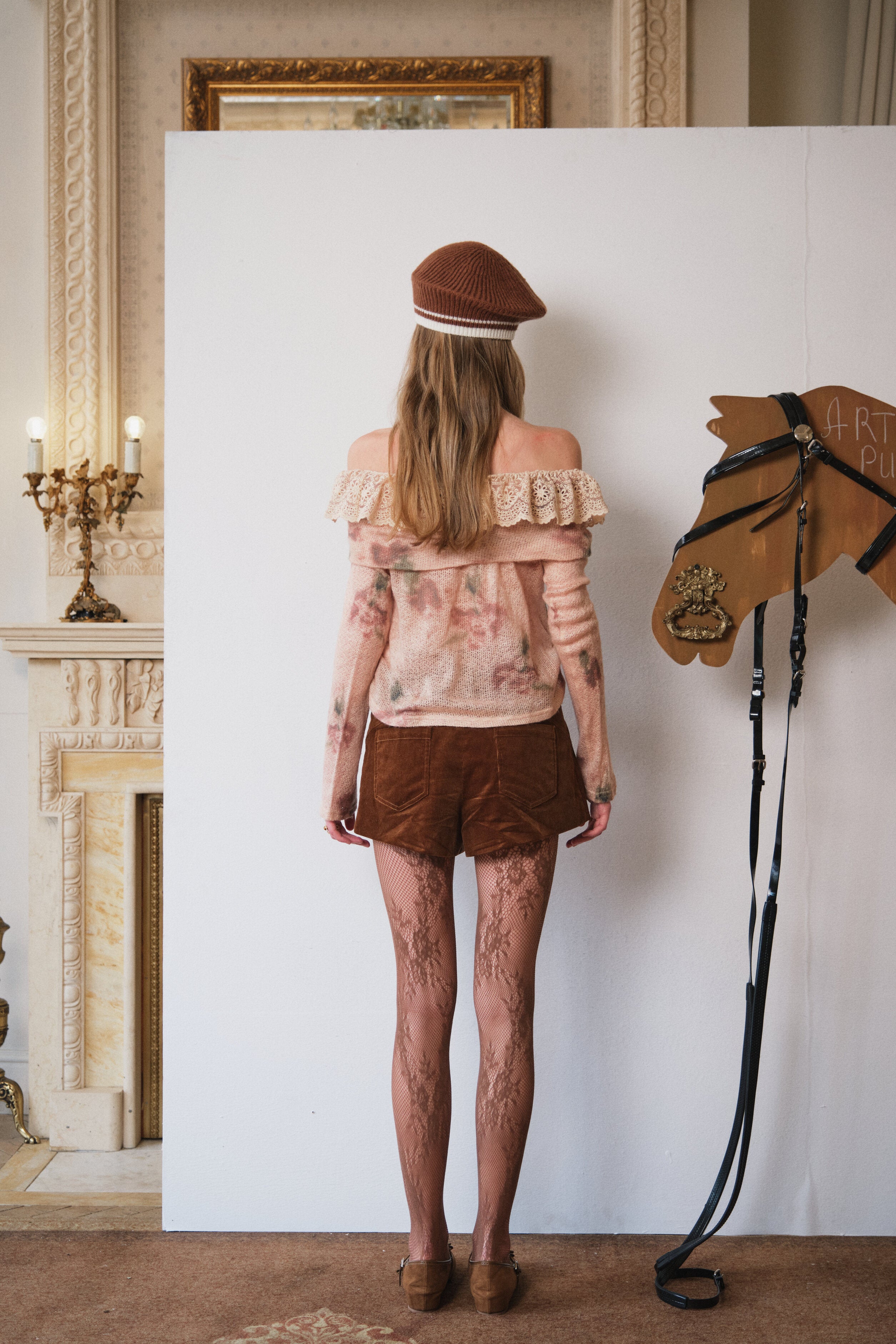 Coral Pink Wavy Lace Off-Shoulder Knit with Floral Print