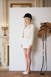 White Pearl-Embellished Jacket with 3D Floral Decor