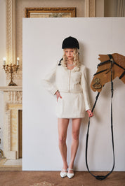 White Pearl-Embellished Jacket with 3D Floral Decor