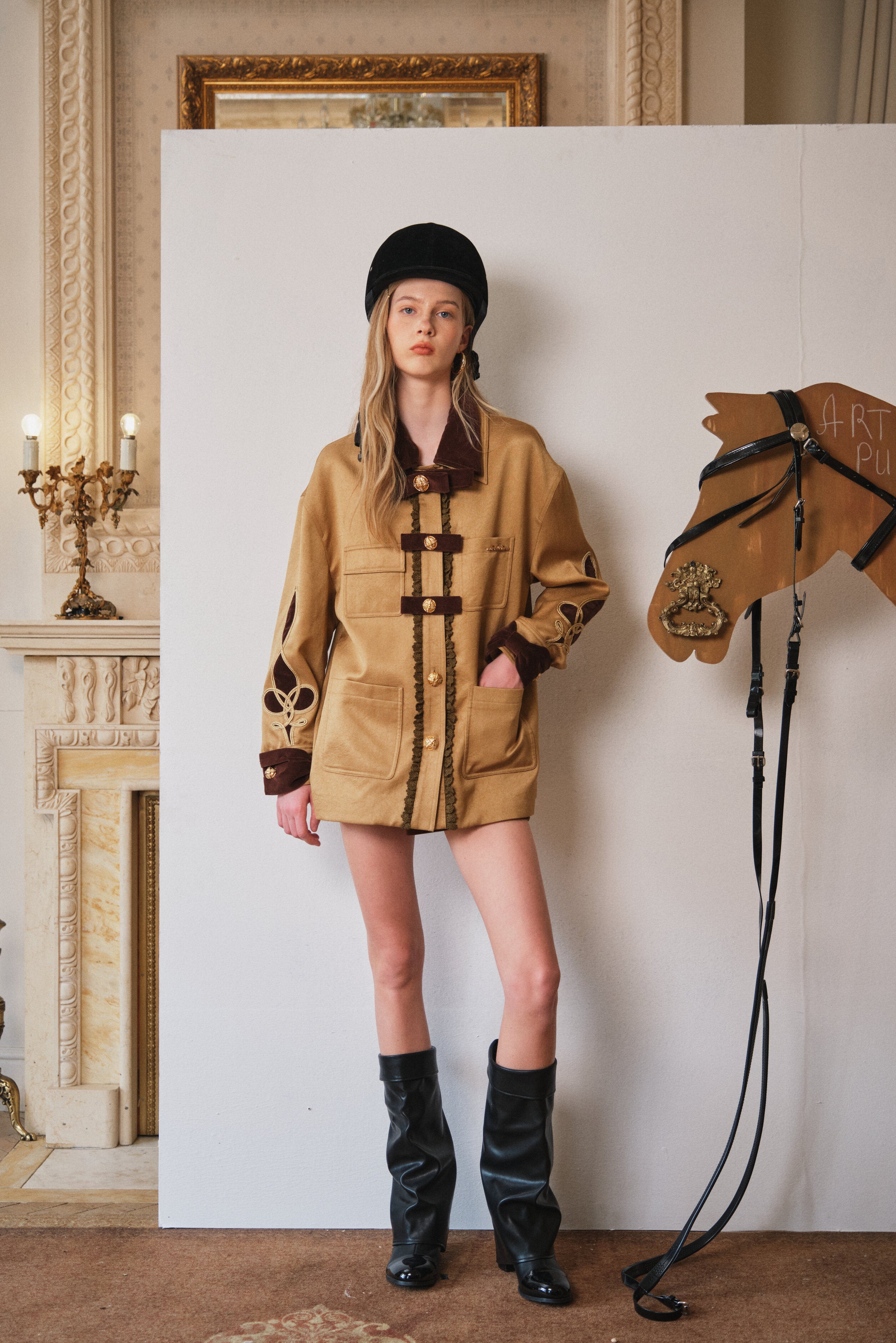 Light Coffee Faux-Layered Braided-Embroidery Barn Jacket