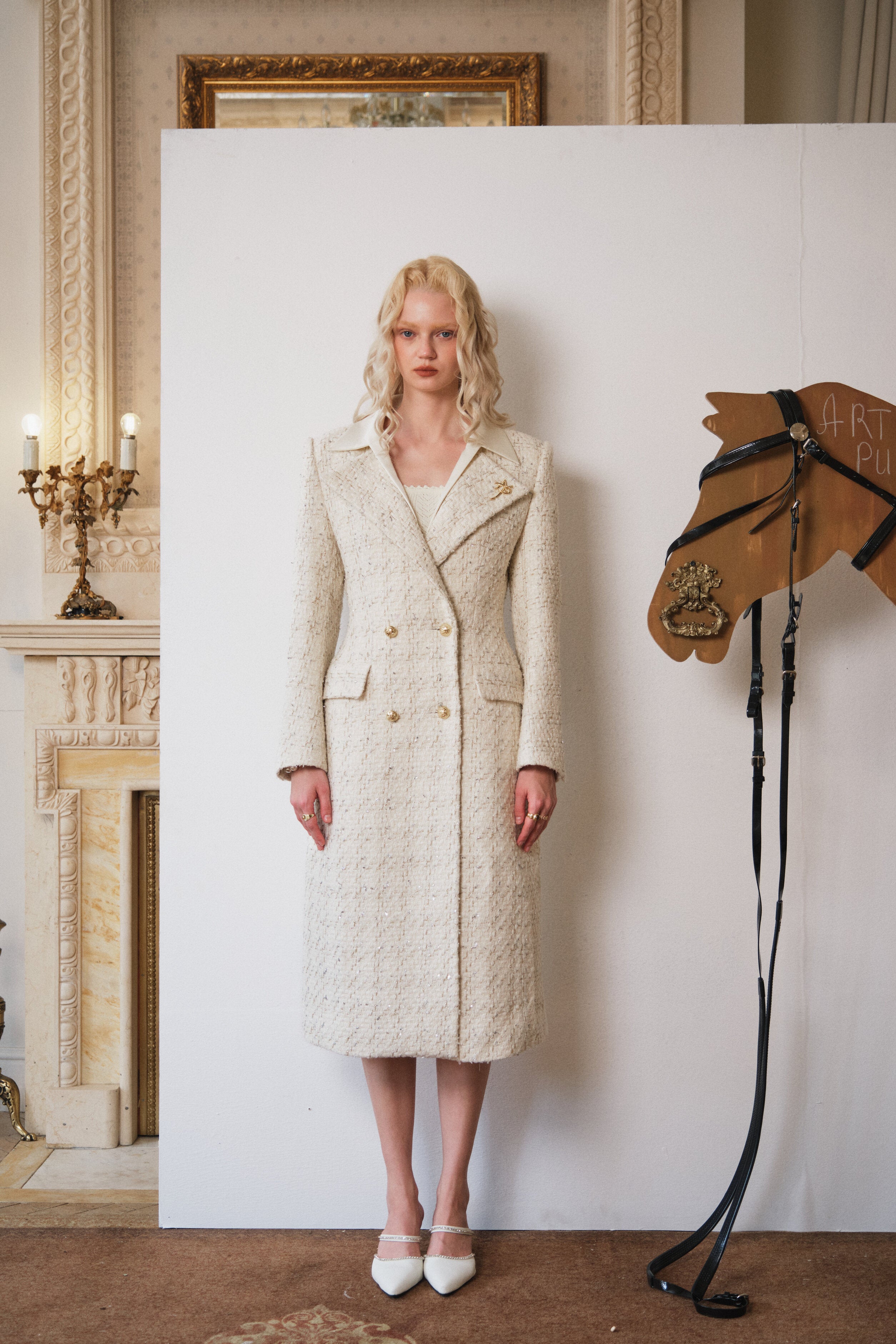 Ivory Hourglass Tweed Coat with Gold Accents