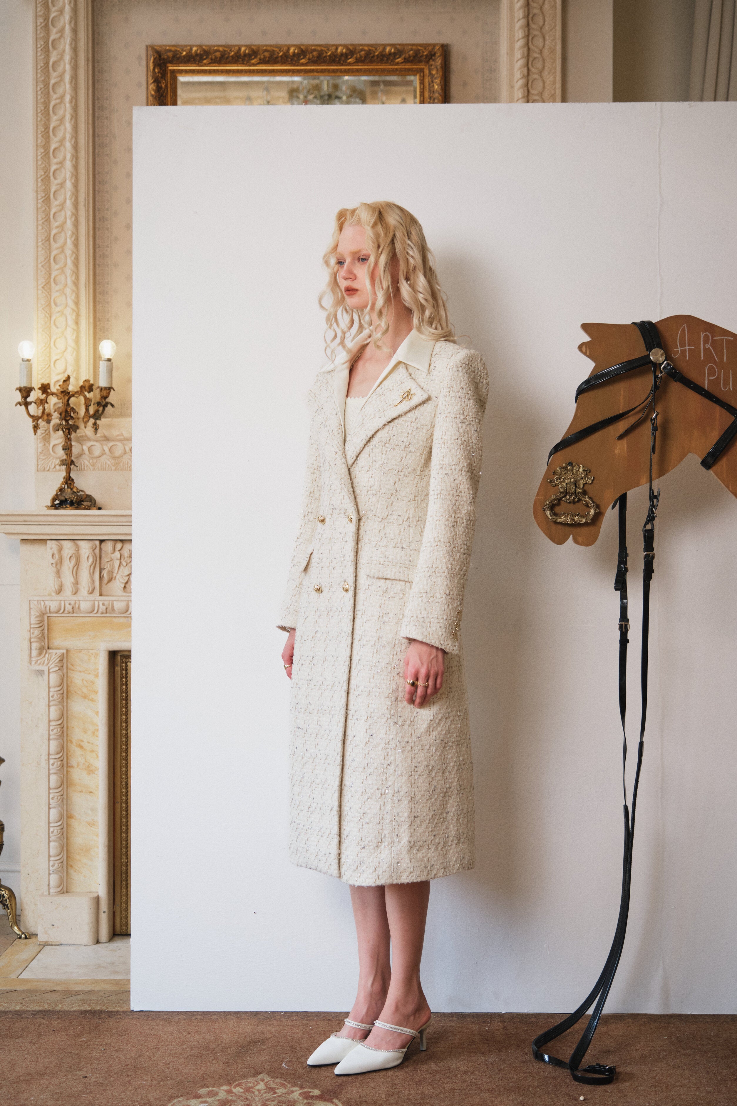 Ivory Hourglass Tweed Coat with Gold Accents