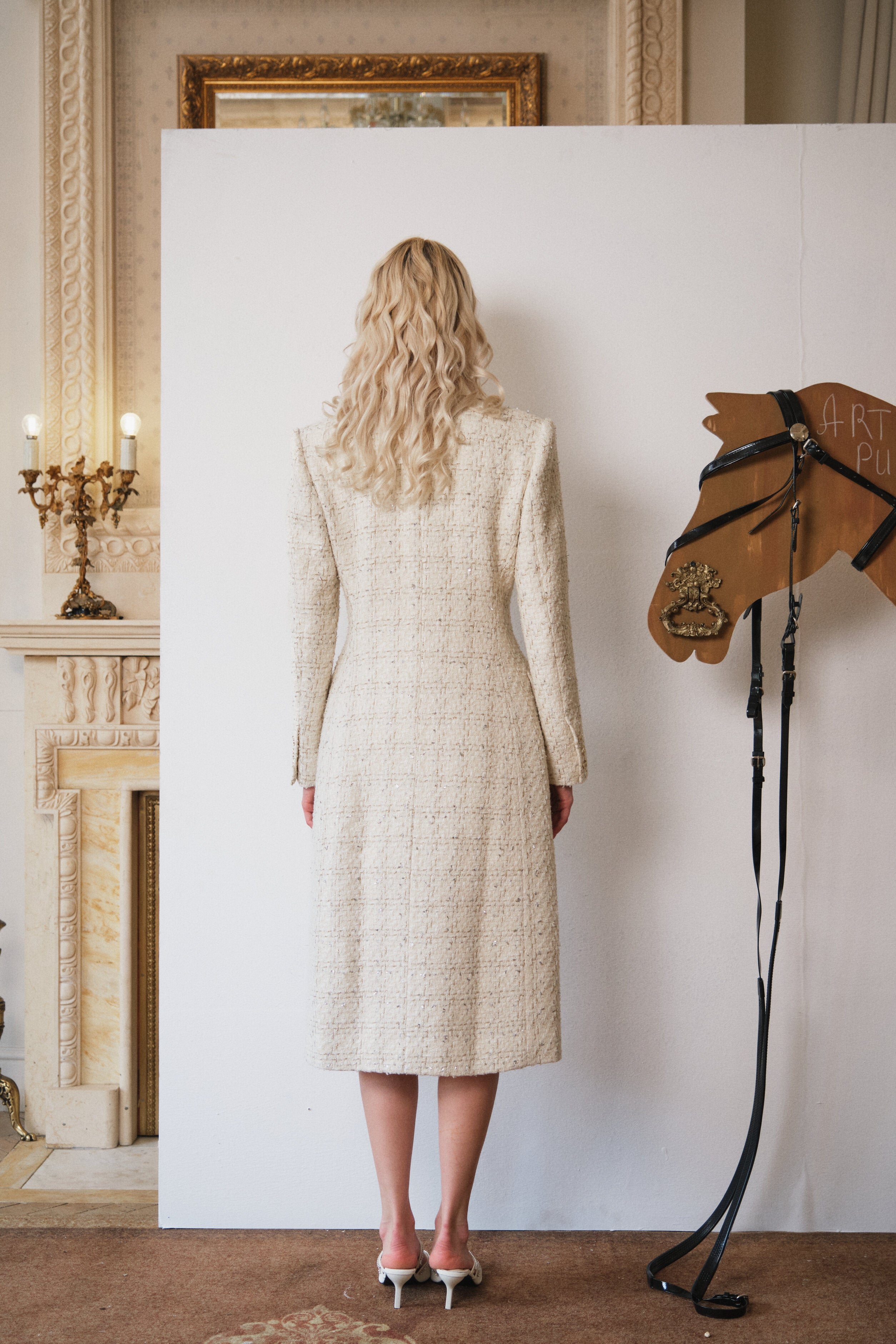 Ivory Hourglass Tweed Coat with Gold Accents