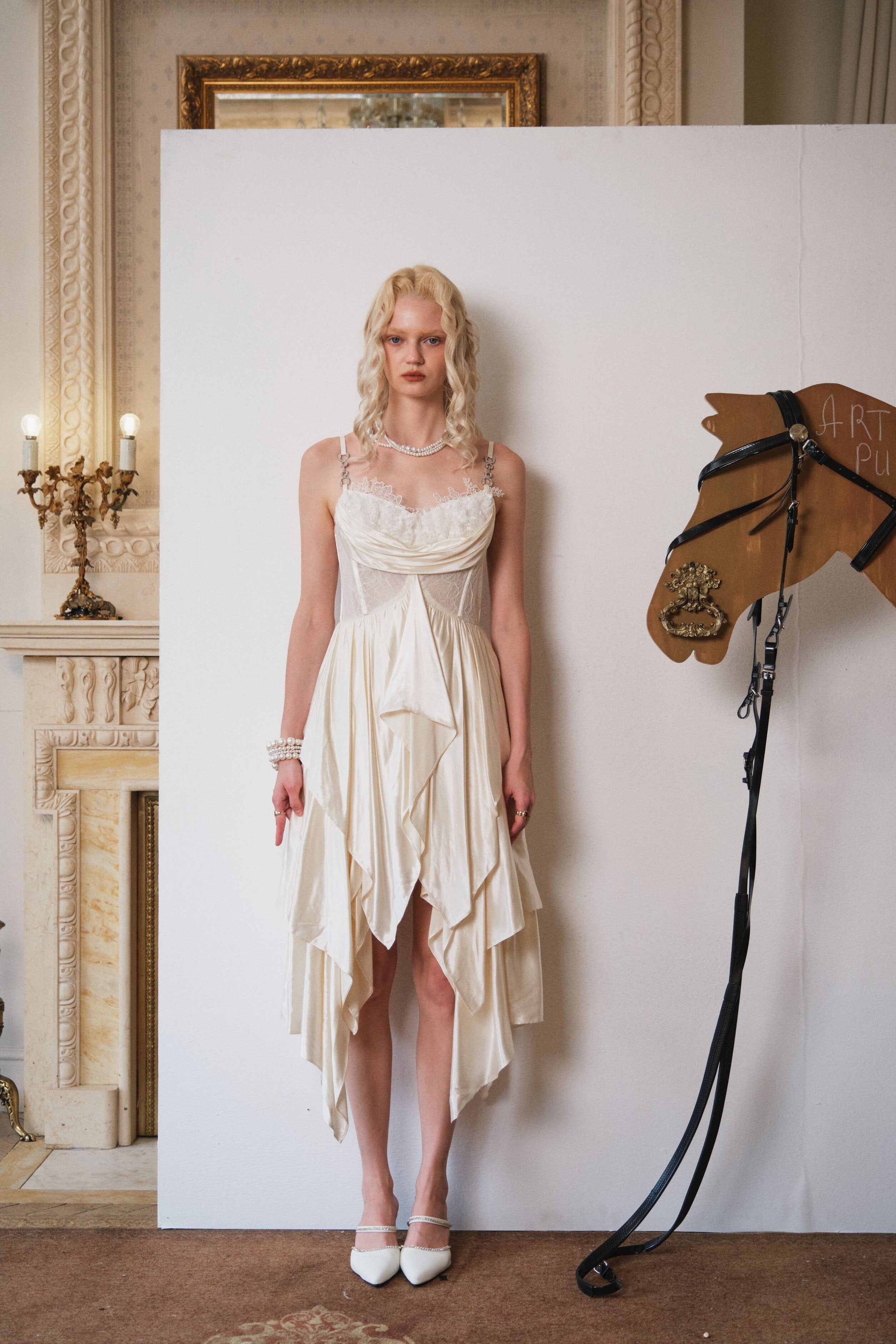 Ivory Tiered Pearl-Gloss Satin Dress