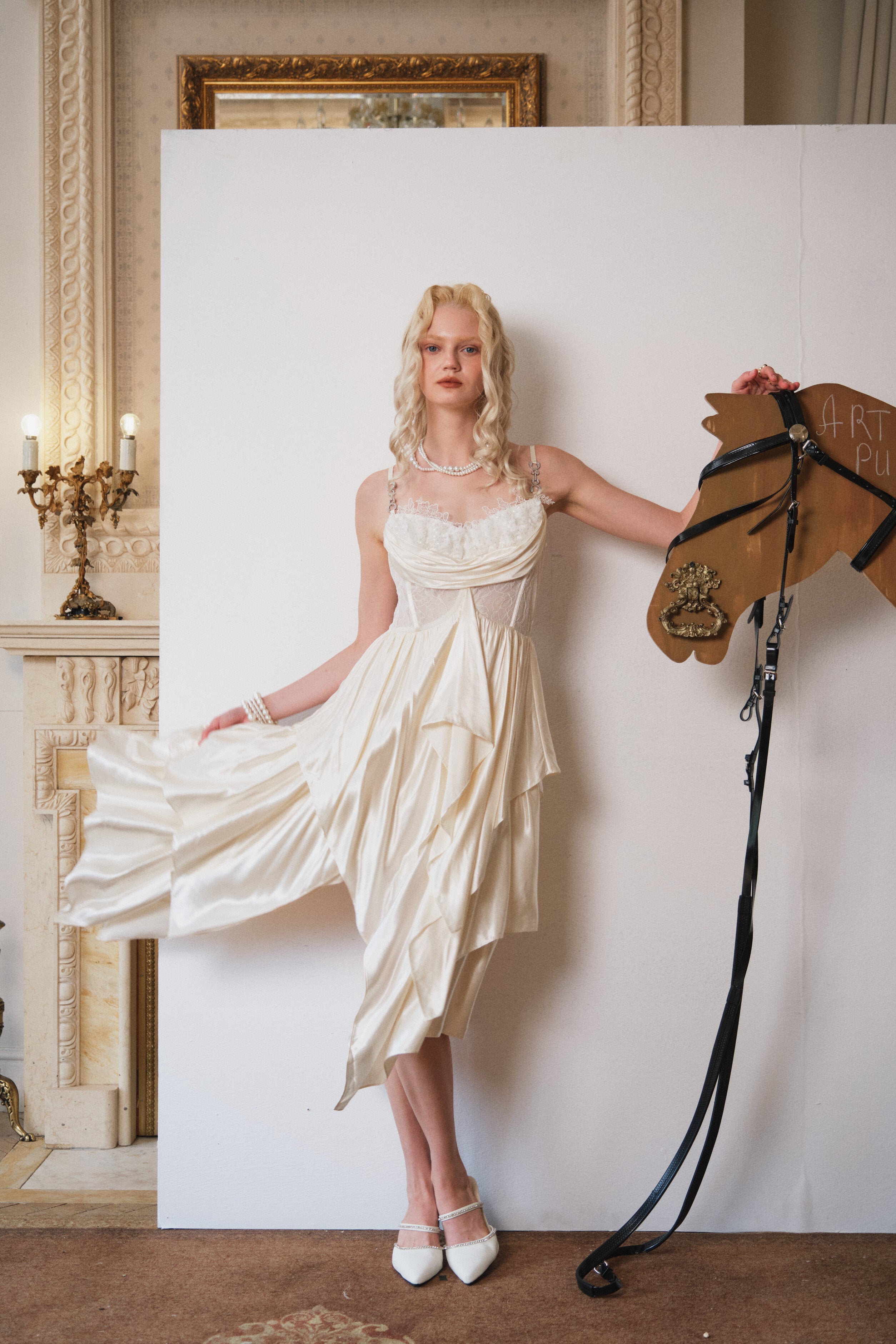 Ivory Tiered Pearl-Gloss Satin Dress