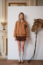 Brown Rhinestone Fleece-Brooch Sweatshirt