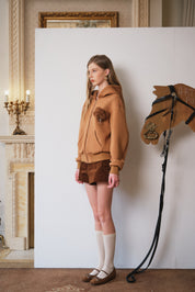 Brown Rhinestone Fleece-Brooch Sweatshirt