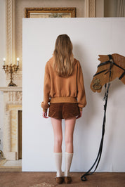 Brown Rhinestone Fleece-Brooch Sweatshirt