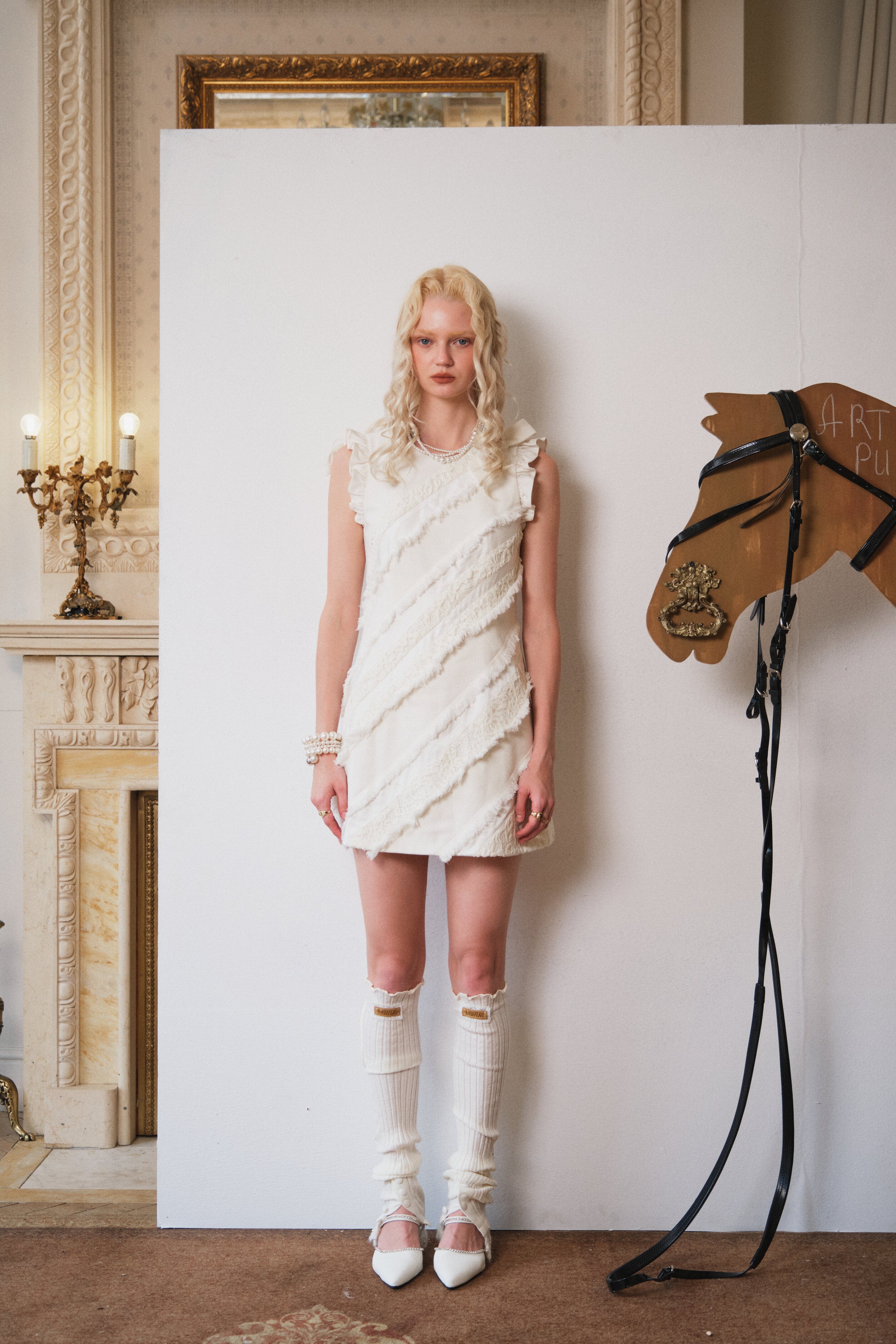 White Diagonal-Panel Fringe Trim Dress