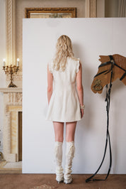 White Diagonal-Panel Fringe Trim Dress