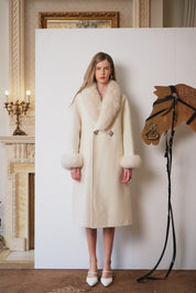 Ivory Faux-Fur Collar Coat with Rhinestone Buttons