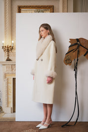 Ivory Faux-Fur Collar Coat with Rhinestone Buttons