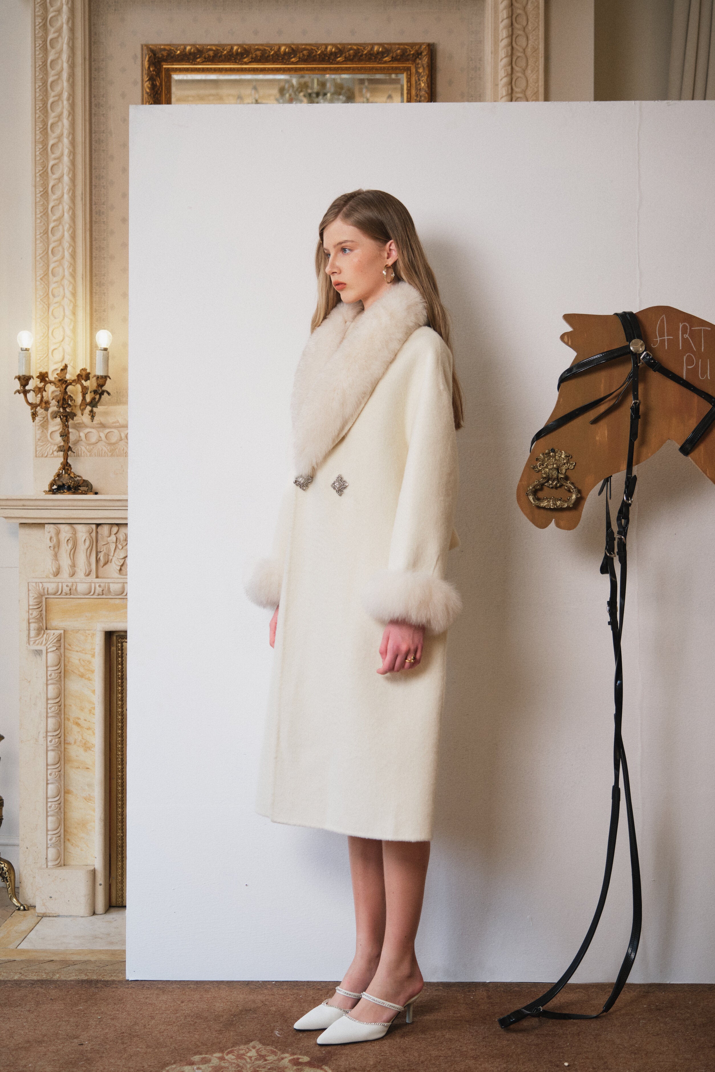 Ivory Faux-Fur Collar Coat with Rhinestone Buttons