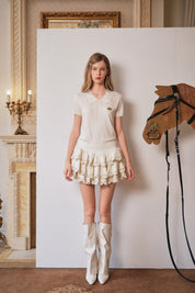 Ivory Pearl-Trim Collar Top