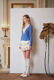 Blue Lace-Trim Knit Top with Contrasting Bow