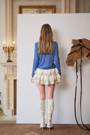 Blue Lace-Trim Knit Top with Contrasting Bow