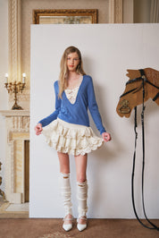 Blue Lace-Trim Knit Top with Contrasting Bow