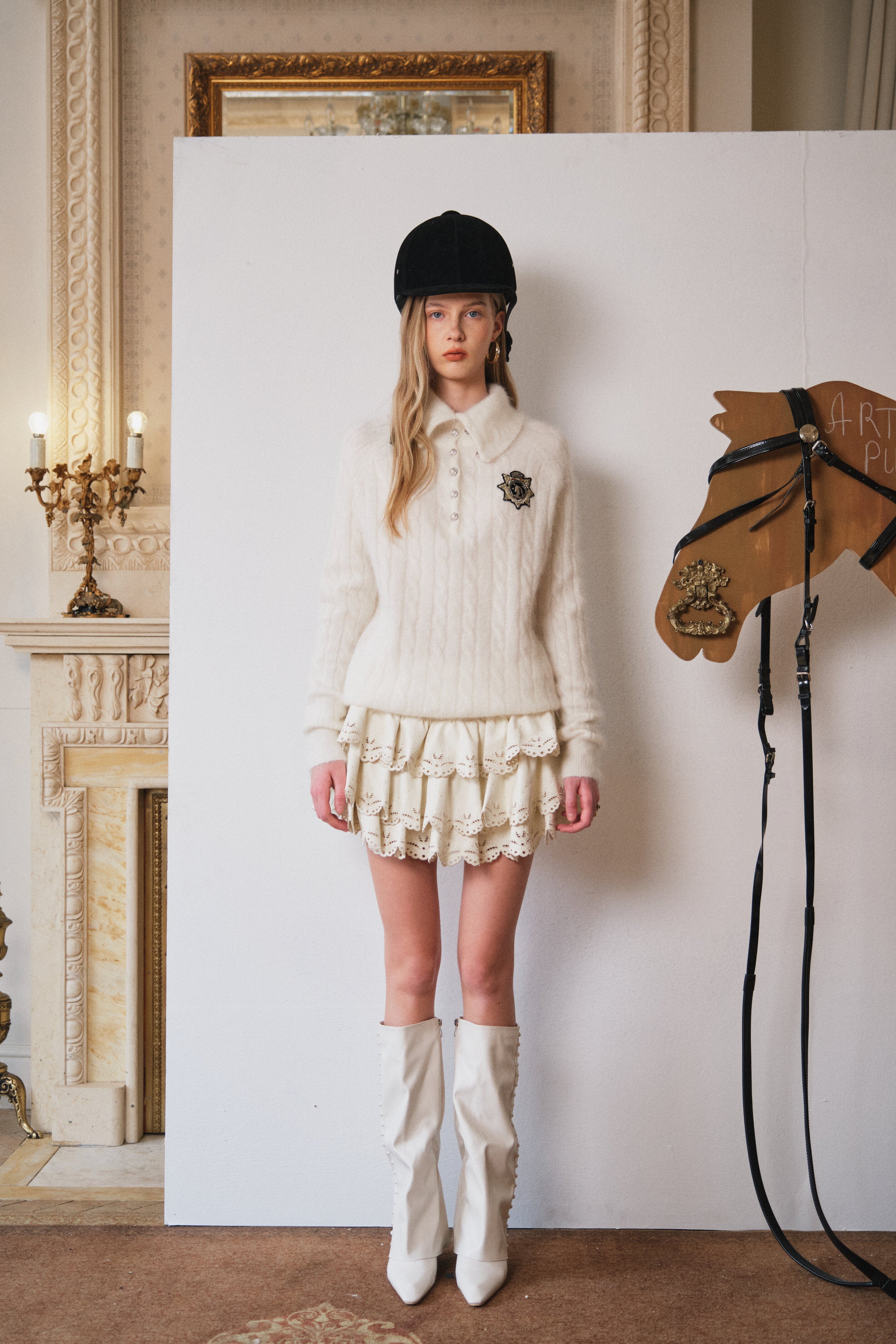 White Cable-Knit Badge Sweater