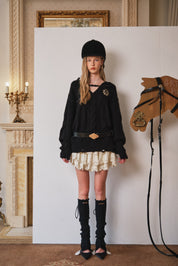 Black Belted Cable-Knit Pullover