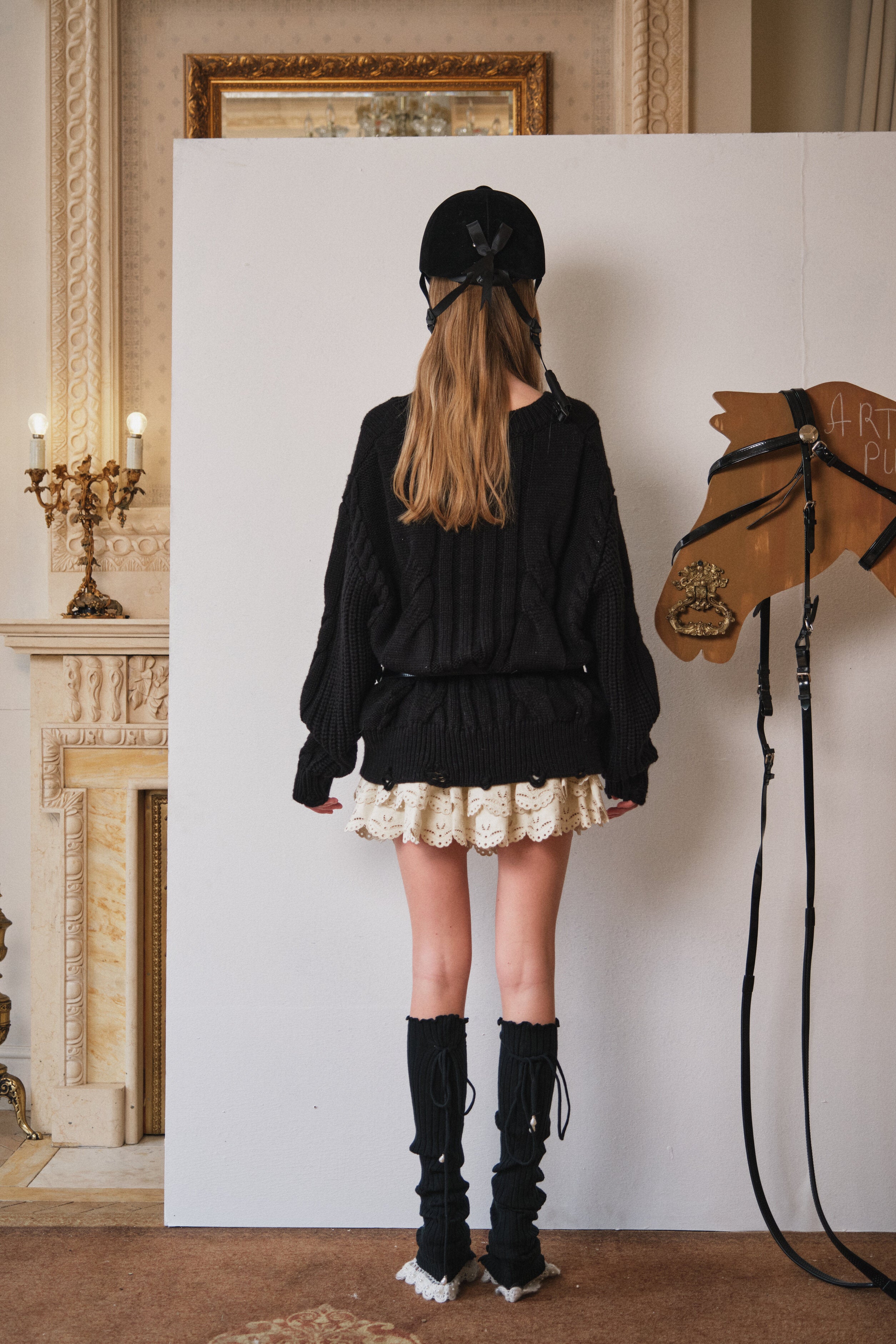 Black Belted Cable-Knit Pullover