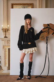 Black Belted Cable-Knit Pullover