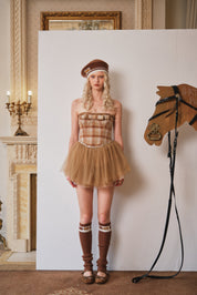 Brown Velvet Plaid Tube Dress