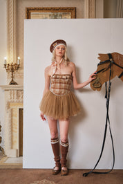 Brown Velvet Plaid Tube Dress