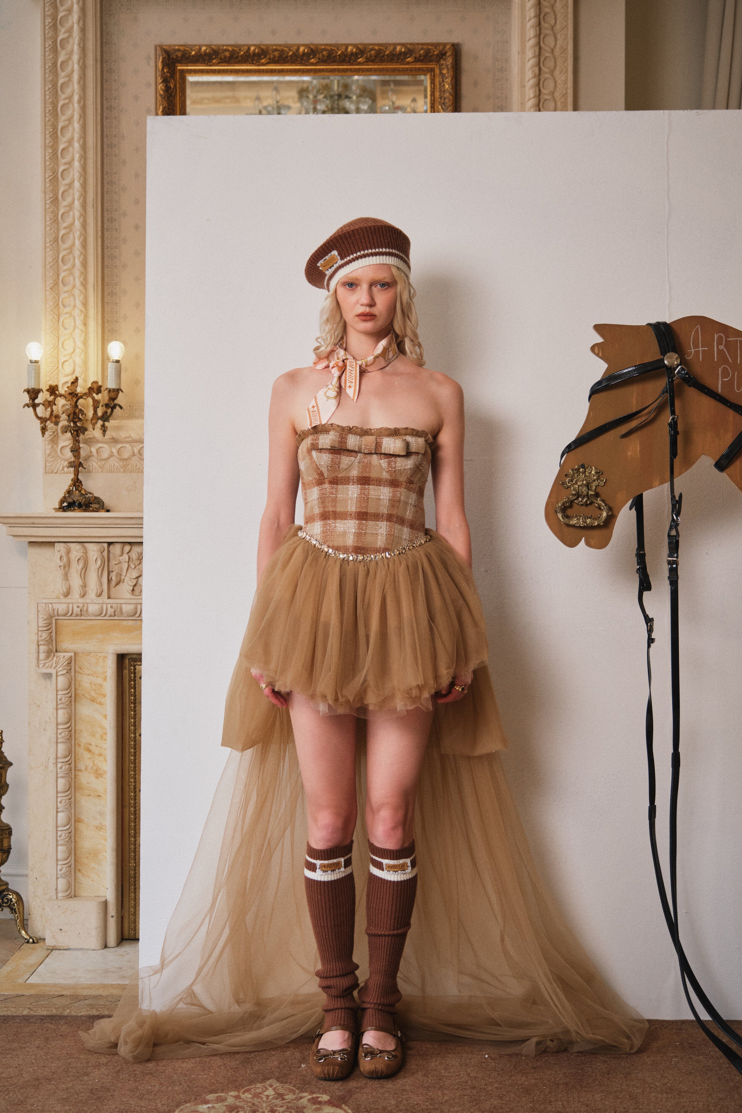 Brown Velvet Plaid Tube Dress with Flared Hem