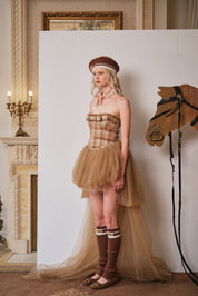 Brown Velvet Plaid Tube Dress with Flared Hem
