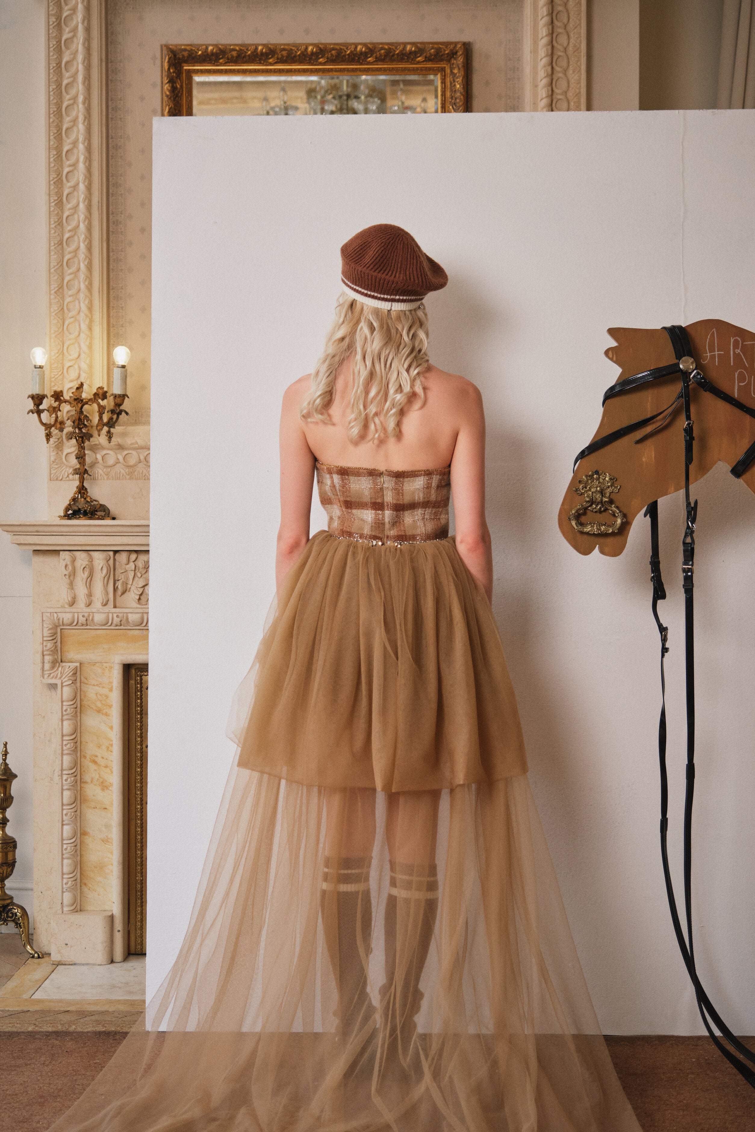 Brown Velvet Plaid Tube Dress with Flared Hem