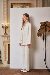 White V-Neck Pearl Knit Cardigan