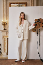 White V-Neck Pearl Knit Cardigan