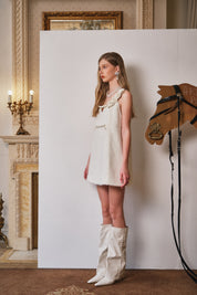 White Textured Floral Pearl Detail Slip Dress