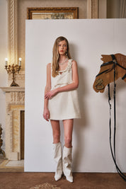 White Textured Floral Pearl Detail Slip Dress