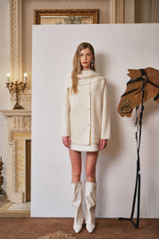 Off-White Pearl-Embellished Knit Coat with Scarf