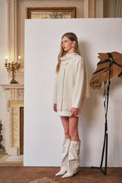 Off-White Pearl-Embellished Knit Coat with Scarf