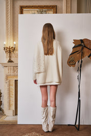 Off-White Pearl-Embellished Knit Coat with Scarf