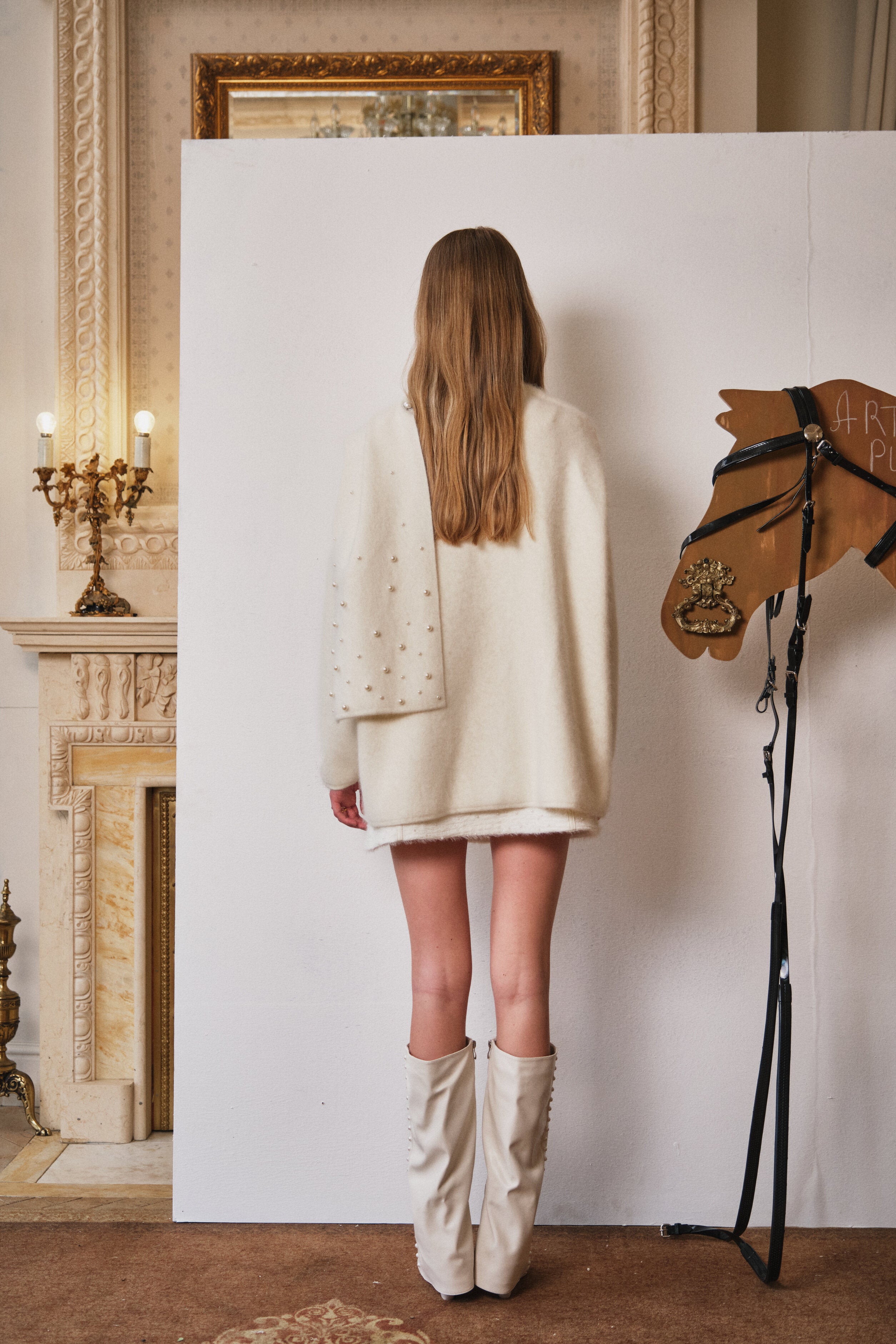 Off-White Pearl-Embellished Knit Coat with Scarf