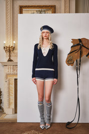 Navy Lace-Trim Knit Top with Contrasting Bow