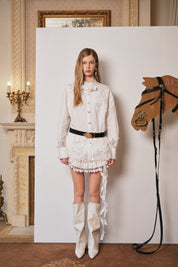 White Cutout Lace Shirt with Silver Thread Floral Appliqué