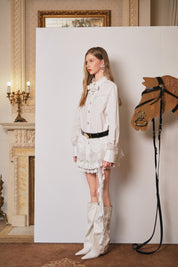 White Cutout Lace Shirt with Silver Thread Floral Appliqué