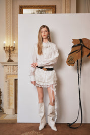 White Cutout Lace Shirt with Silver Thread Floral Appliqué