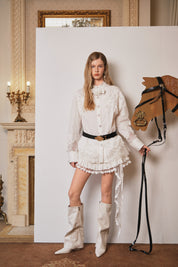 White Cutout Lace Shirt with Silver Thread Floral Appliqué