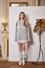 Grey Mesh Bow Contrast Lace Long-Sleeve Tee