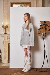 Grey Mesh Bow Contrast Lace Long-Sleeve Tee