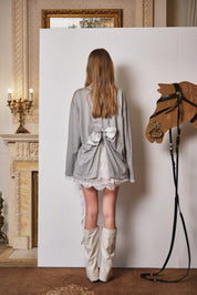 Grey Mesh Bow Contrast Lace Long-Sleeve Tee