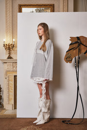 Grey Mesh Bow Contrast Lace Long-Sleeve Tee