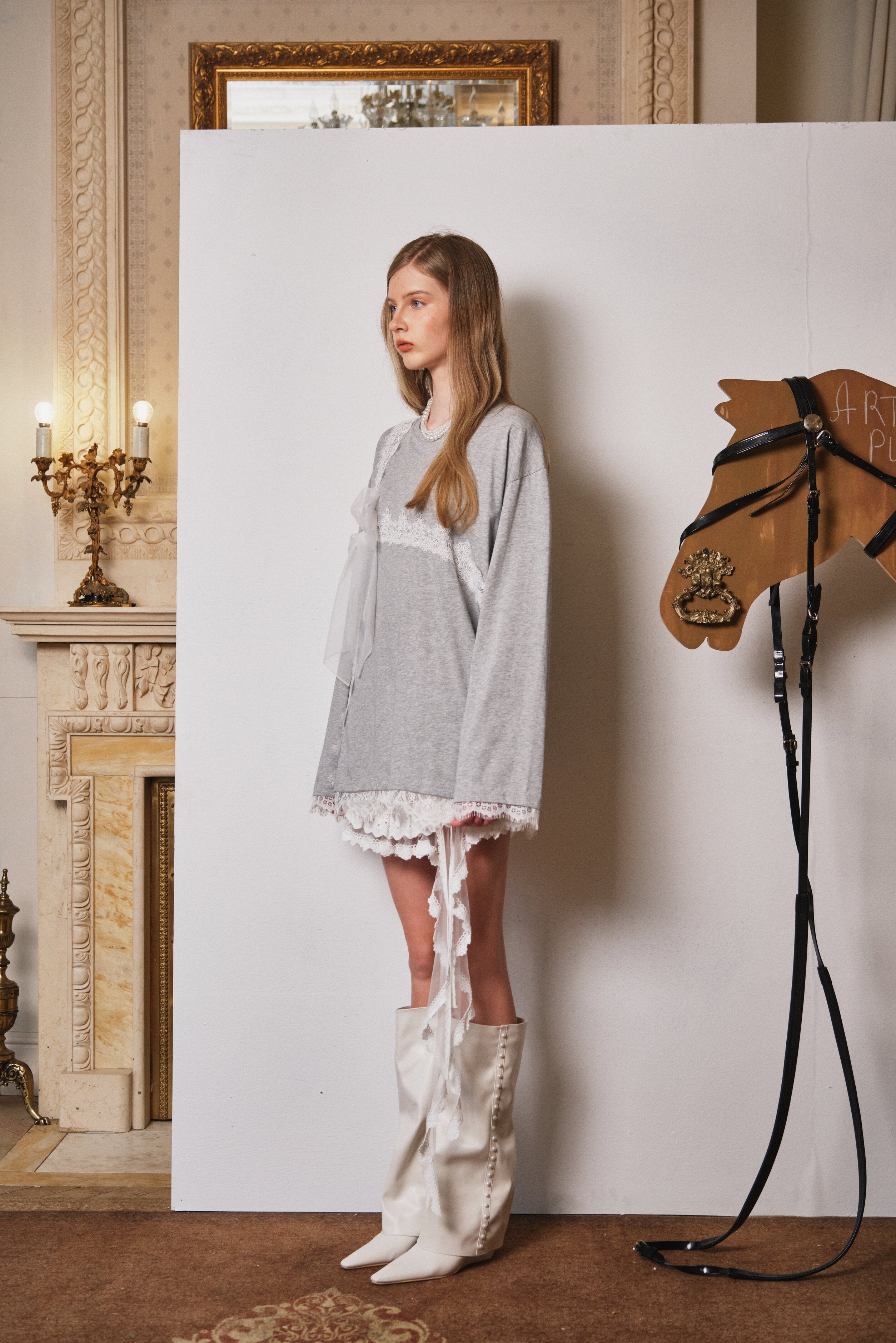 Grey Mesh Bow Contrast Lace Long-Sleeve Tee