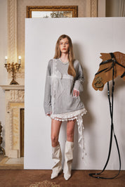 Grey Mesh Bow Contrast Lace Long-Sleeve Tee